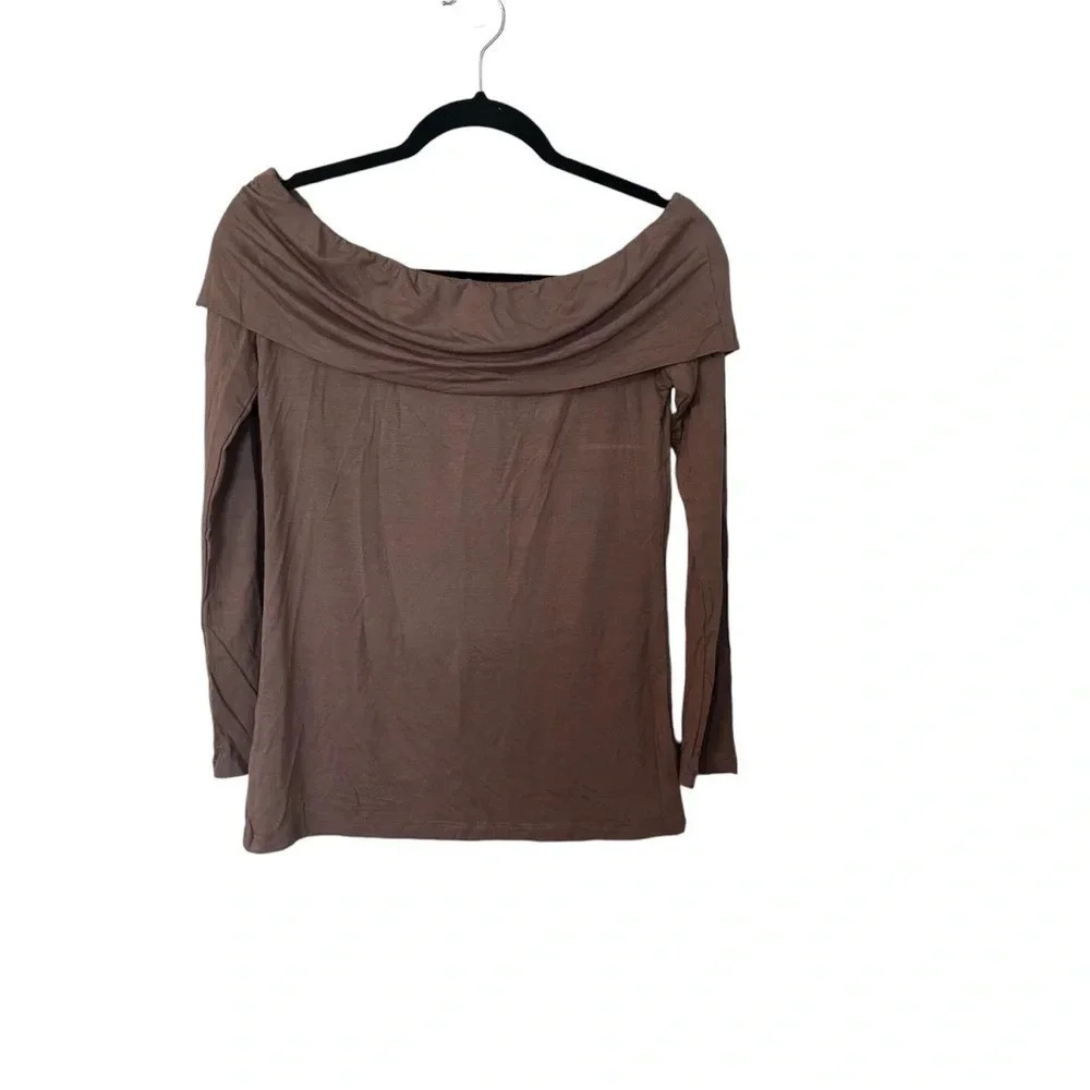 Yana K Cindy Top Long Sleeve Rayon Draped Neck Off Shoulder in Coco One Size NWT